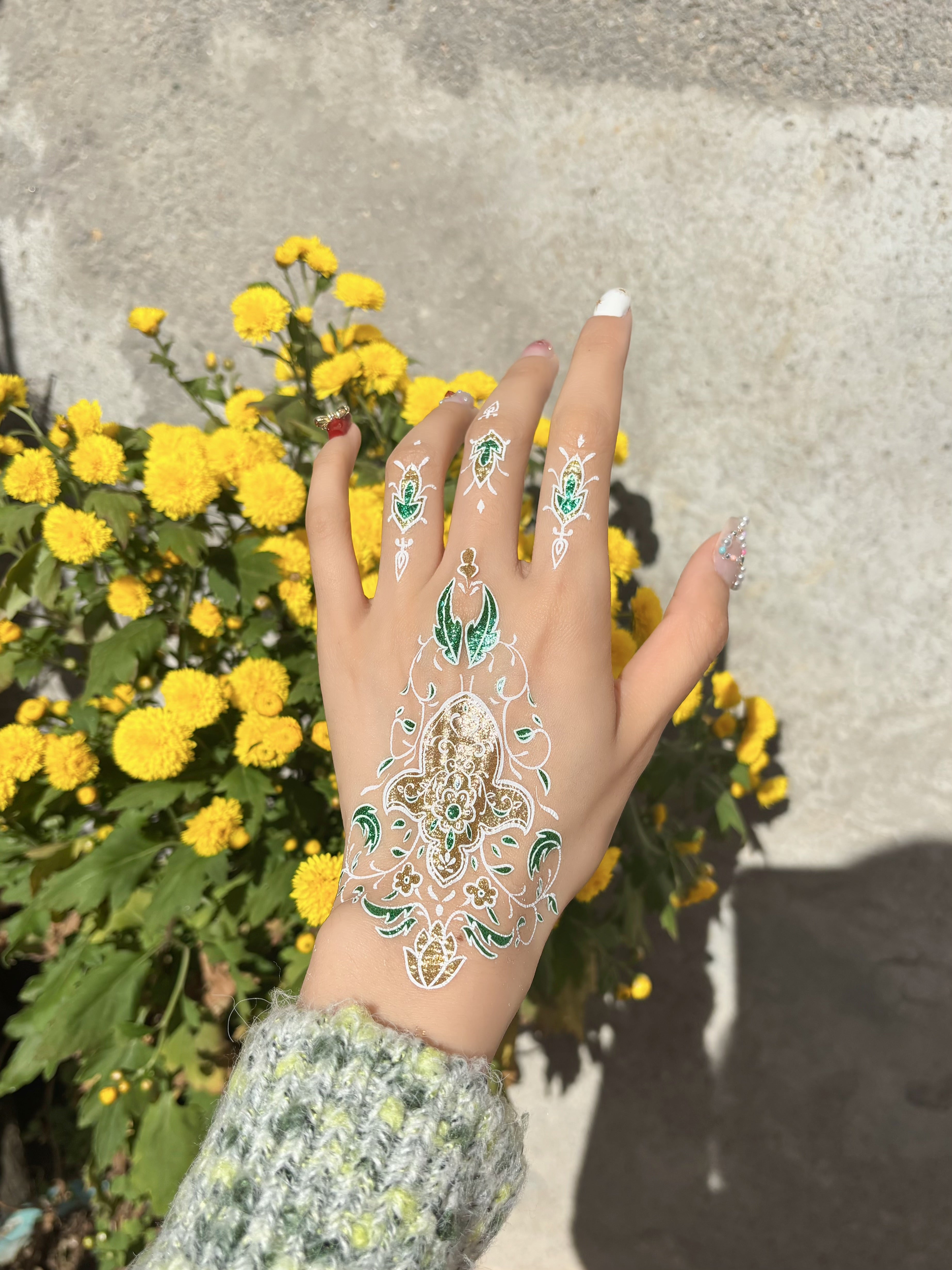 Spring Green &amp; Gold Henna Sticker | Elegant Temporary Tattoo