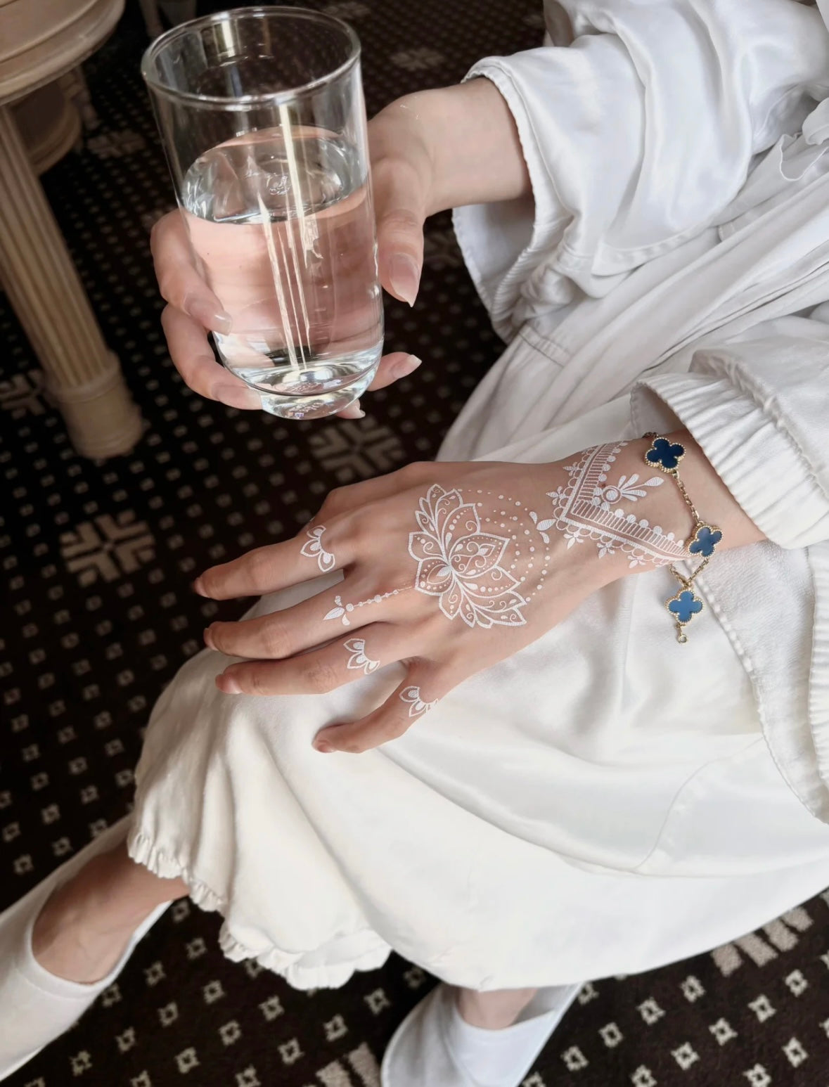 Lotus Crown Lace White Henna Sticker | Floral Lotus Hand Temporary Tattoo