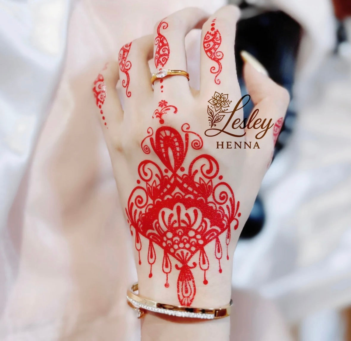 Crimson Lace Filigree Henna Sticker | Red Ornamental Hand Temporary Tattoo