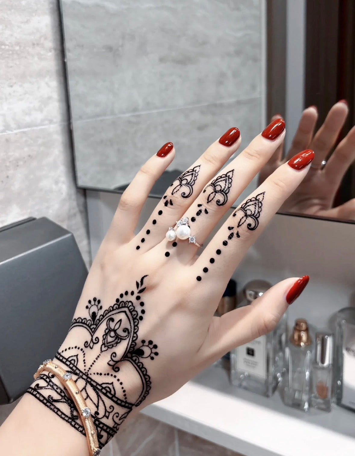 Midnight Lotus Lace Henna Sticker | Black Floral Mandala Hand Temporary Tattoo