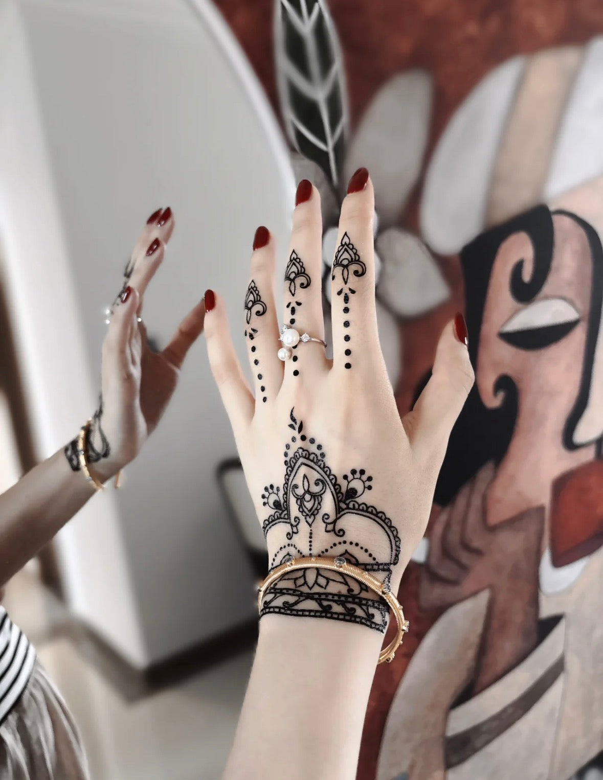 Midnight Lotus Lace Henna Sticker | Black Floral Mandala Hand Temporary Tattoo