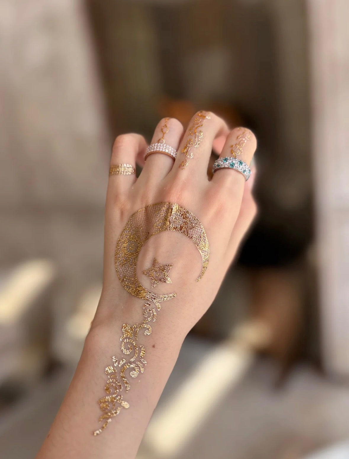 Golden Moon & Star Metallic Sticker | Crescent Moon Hand Temporary Tattoo