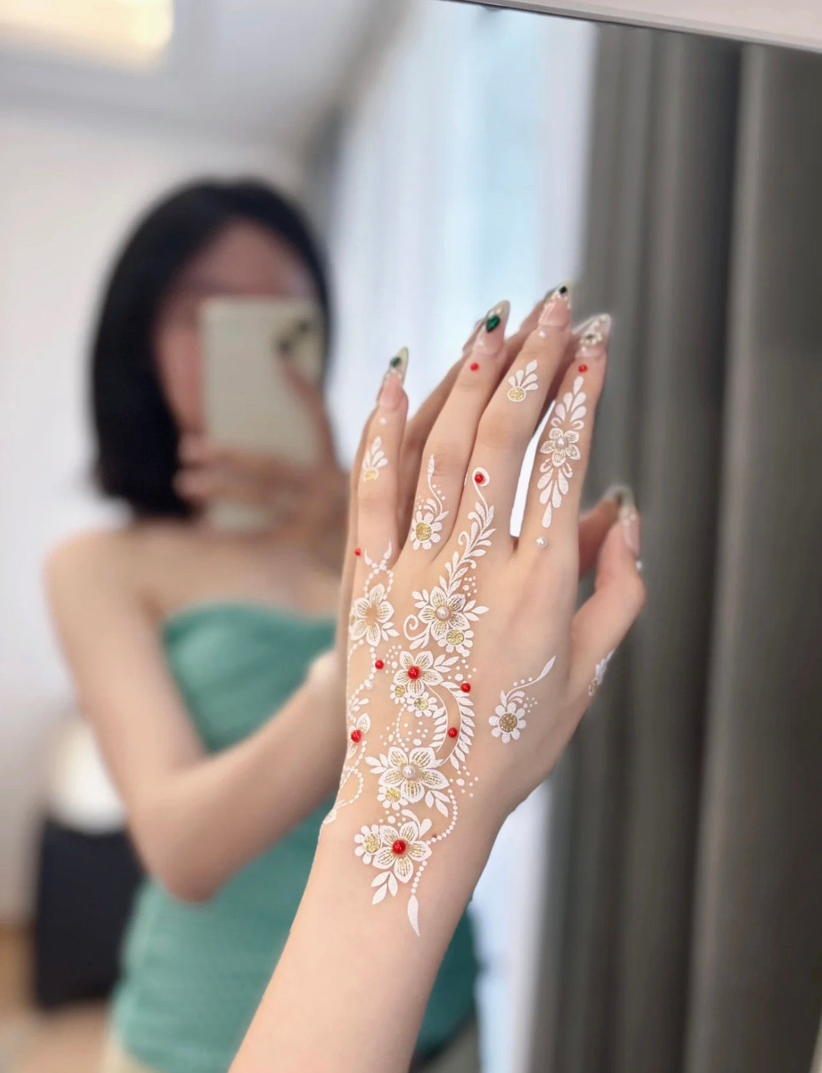 Ruby Pearl Garden White Henna Sticker | Floral Vine Hand Temporary Tattoo