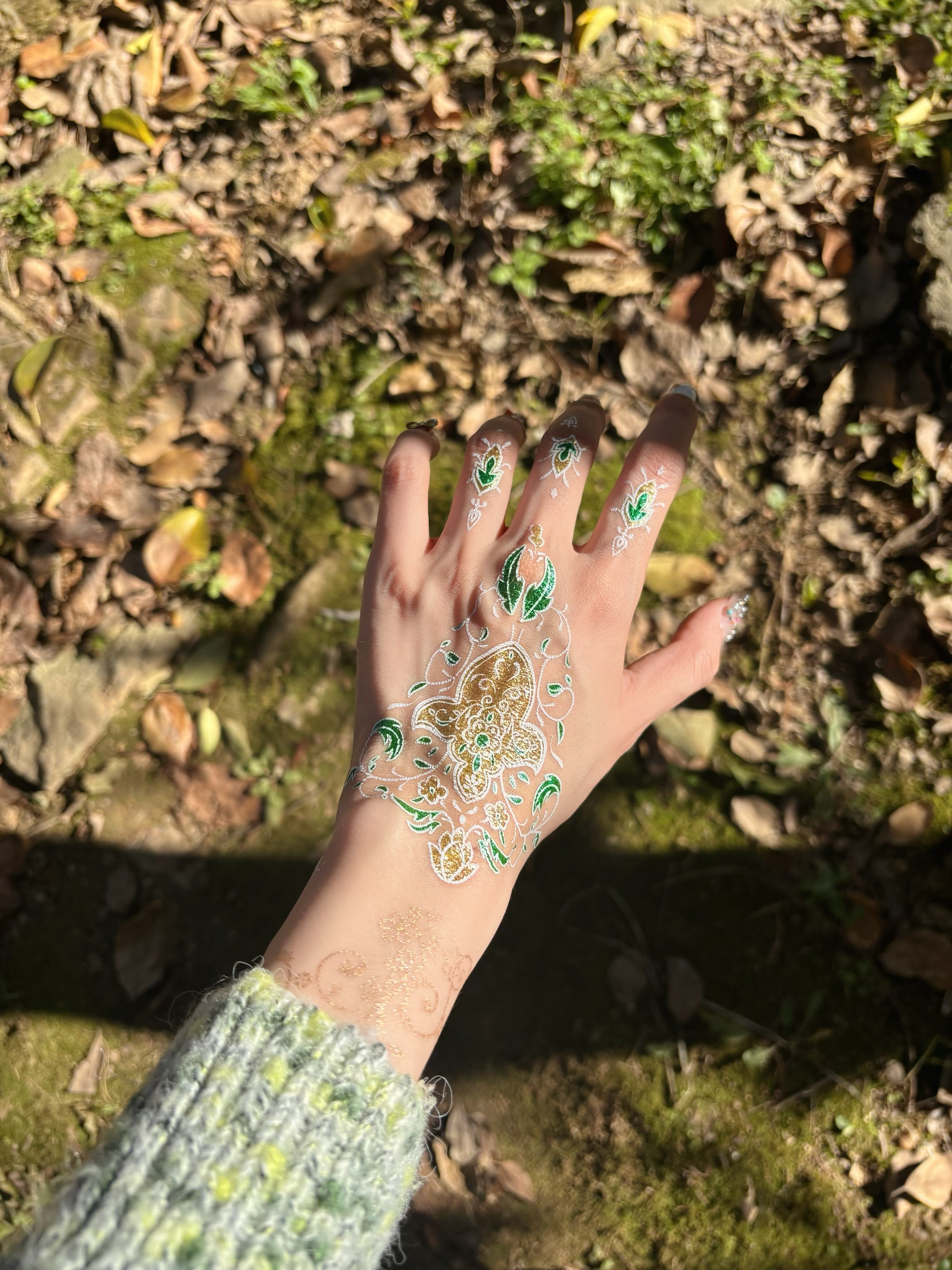 Spring Green &amp; Gold Henna Sticker | Elegant Temporary Tattoo