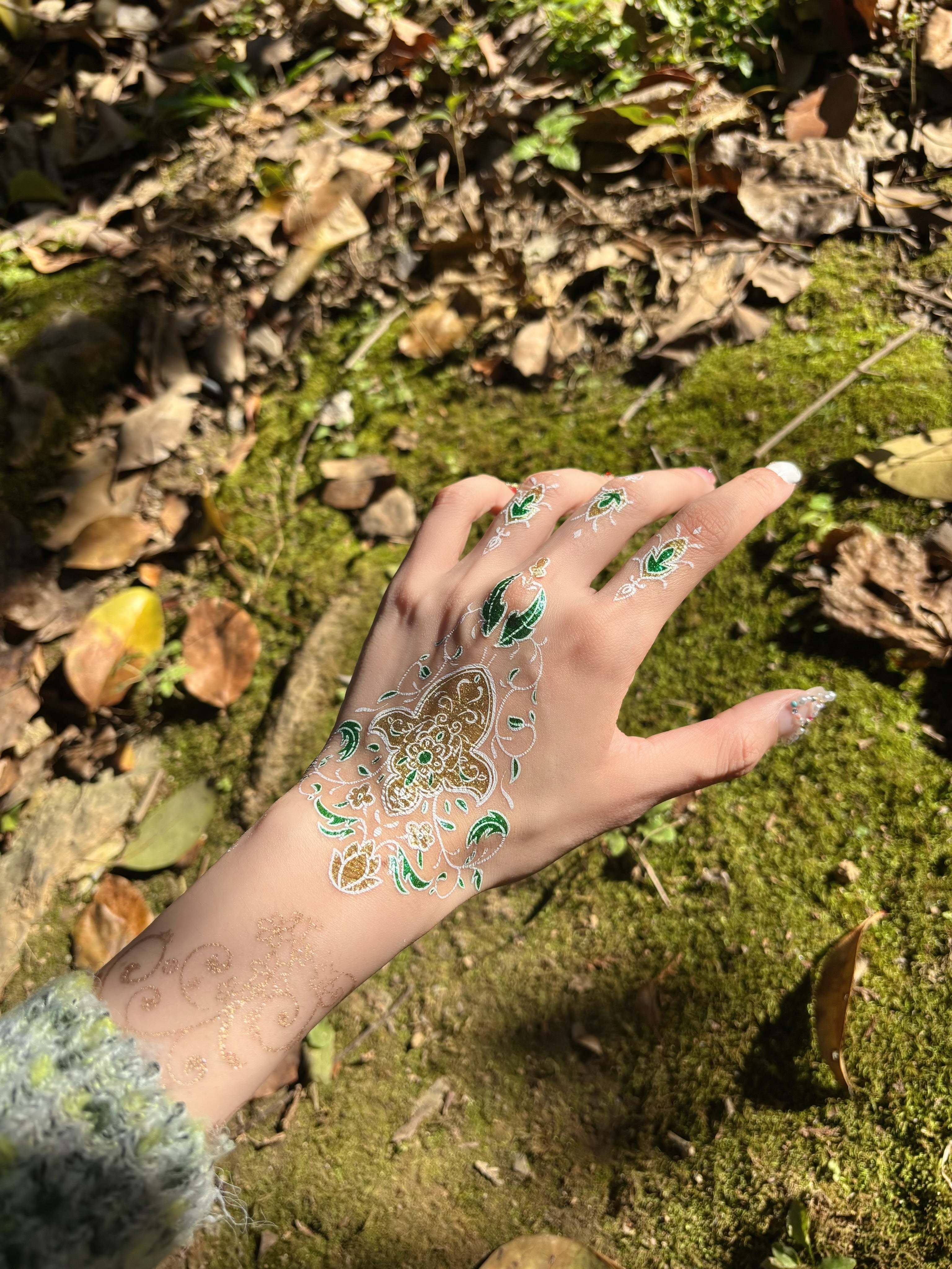 Spring Green &amp; Gold Henna Sticker | Elegant Temporary Tattoo